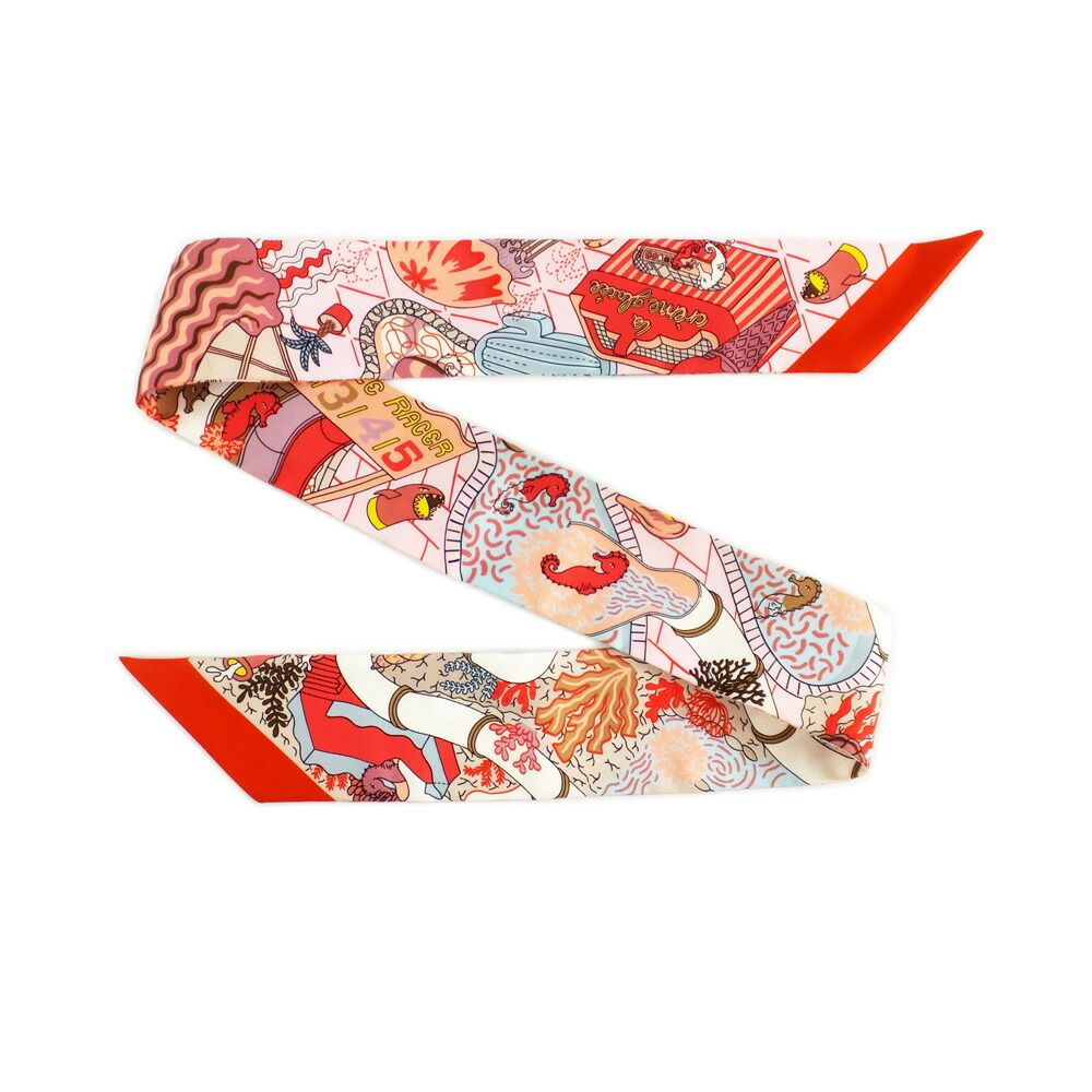 Hermes Twilly Splash Park Seahorse Red Multicolor Silk Scarf — view 8