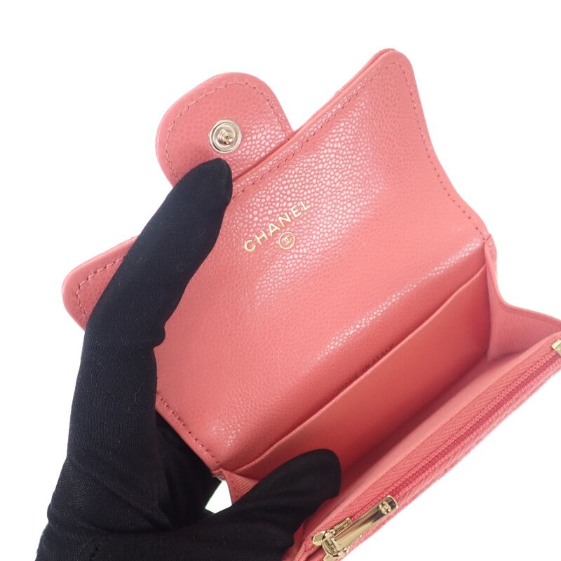Chanel Classic Flap Card Case Coin Caviar Leather Pink CC Logo Gold Handbag