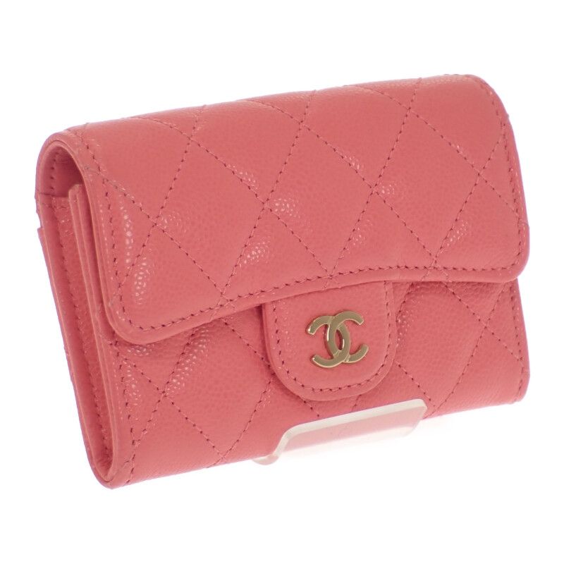 Chanel Classic Flap Card Case Coin Caviar Leather Pink CC Logo Gold Handbag
