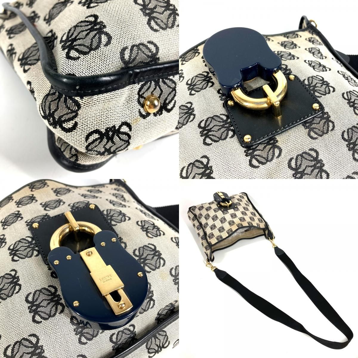 Loewe Shoulder Bag Padlock Logo Leather Canvas Black Gray — view 8