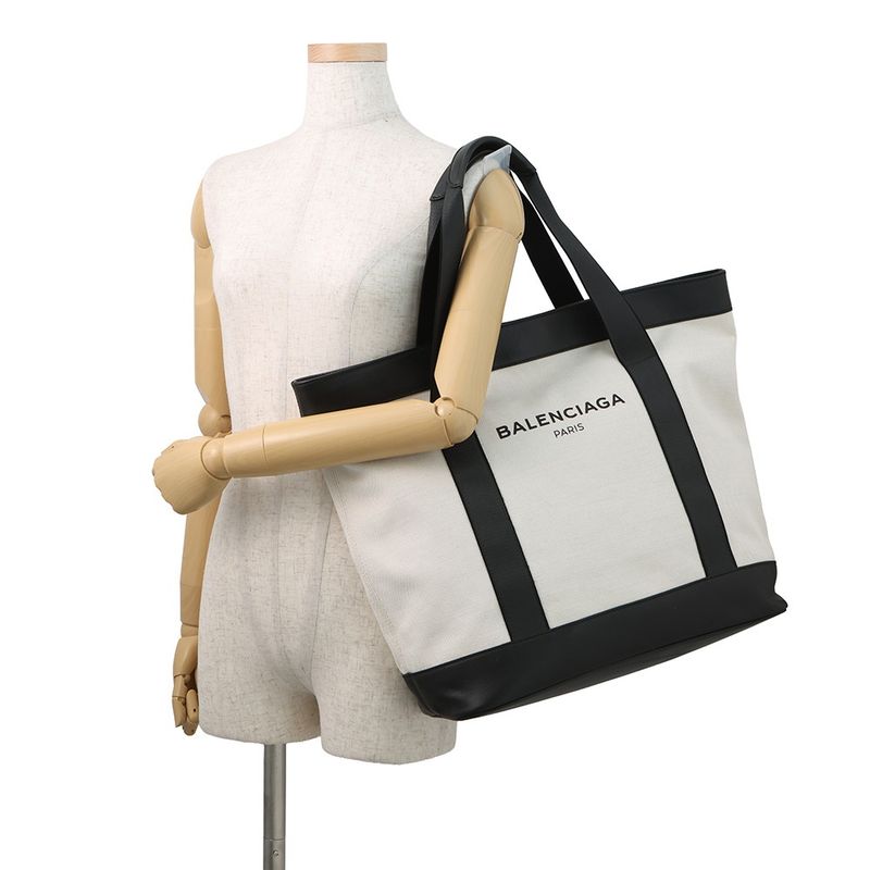 Balenciaga Tote Navy Leather Canvas Black White