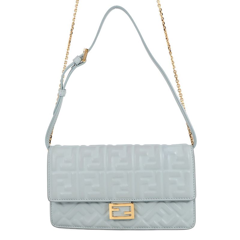 Fendi Chain Shoulder Bag Baguette Zucca Pattern Leather Light Blue