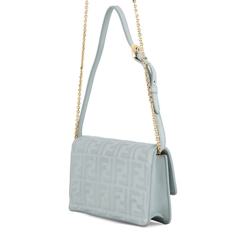 Fendi Chain Shoulder Bag Baguette Zucca Pattern Leather Light Blue
