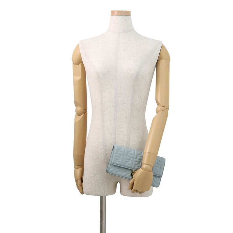 Fendi Chain Shoulder Bag Baguette Zucca Pattern Leather Light Blue