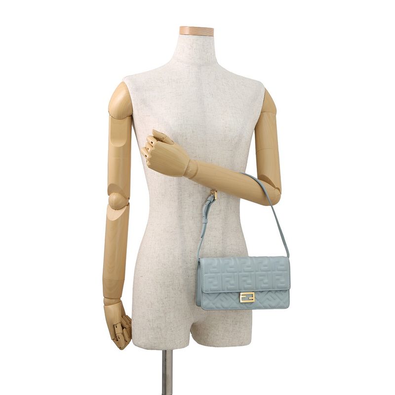 Fendi Chain Shoulder Bag Baguette Zucca Pattern Leather Light Blue