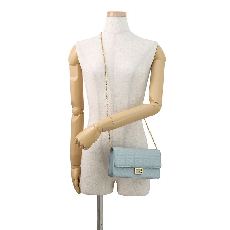 Fendi Chain Shoulder Bag Baguette Zucca Pattern Leather Light Blue