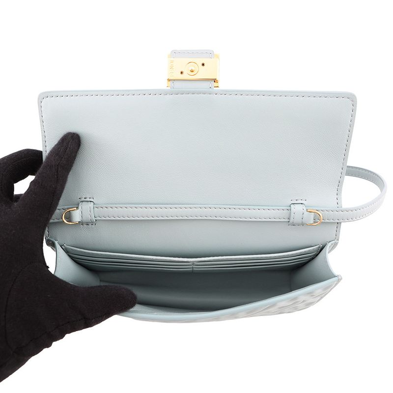 Fendi Chain Shoulder Bag Baguette Zucca Pattern Leather Light Blue