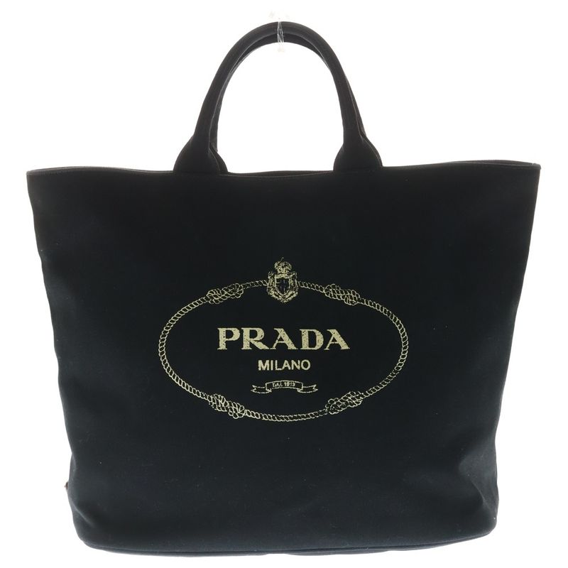 Prada Canapa 2-Way Tote Shoulder Bag Black Canvas Leather