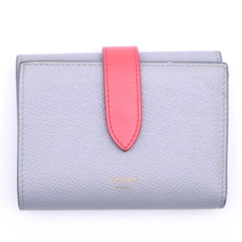 Celine Small Strap Wallet Trifold Coin Case Red Gray Leather Gold Grayred
