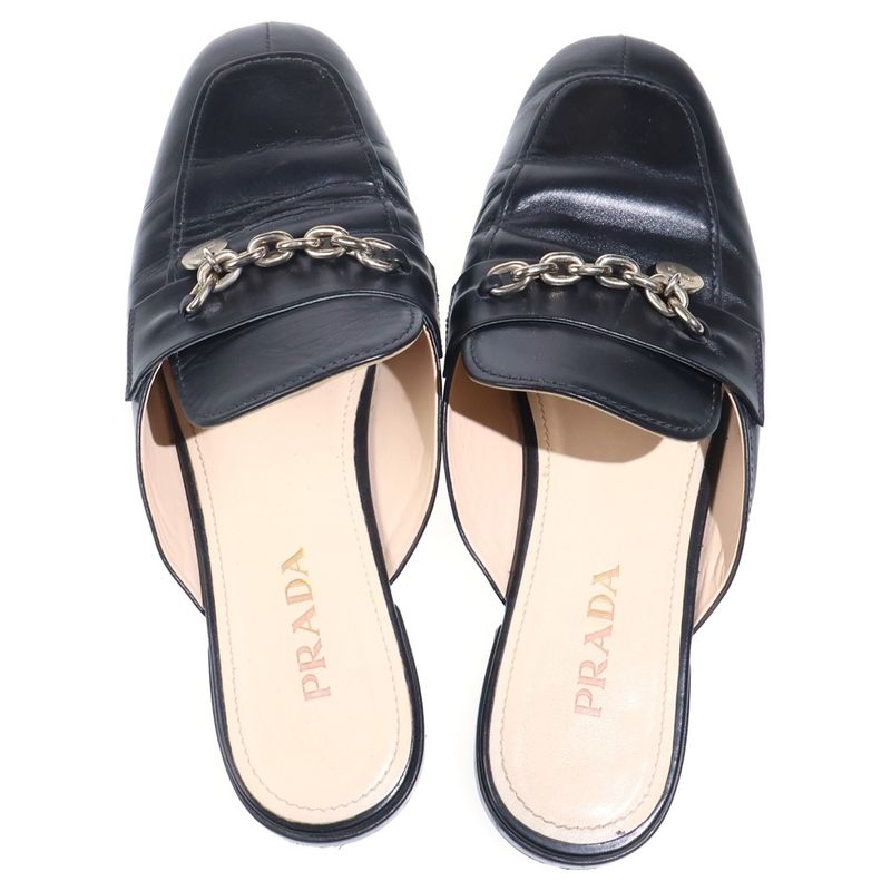 Prada Chain Decoration Leather Shoes Mules Black