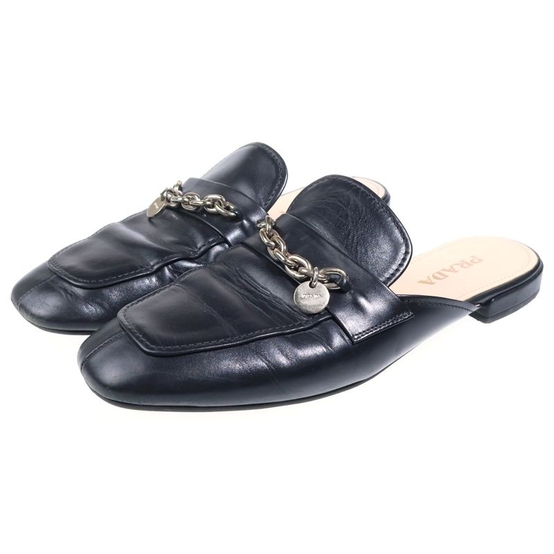 Prada Chain Decoration Leather Shoes Mules Black