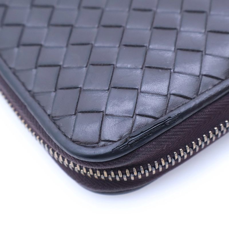 Bottega Veneta Intrecciato Round Zip Leather Wallet Brown