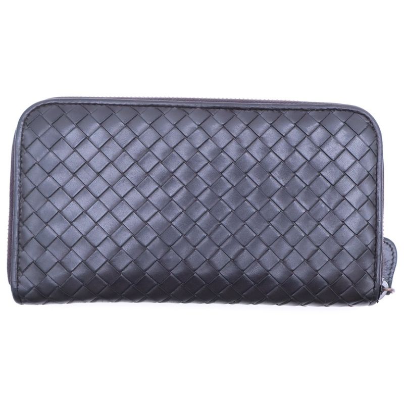 Bottega Veneta Intrecciato Round Zip Leather Wallet Brown