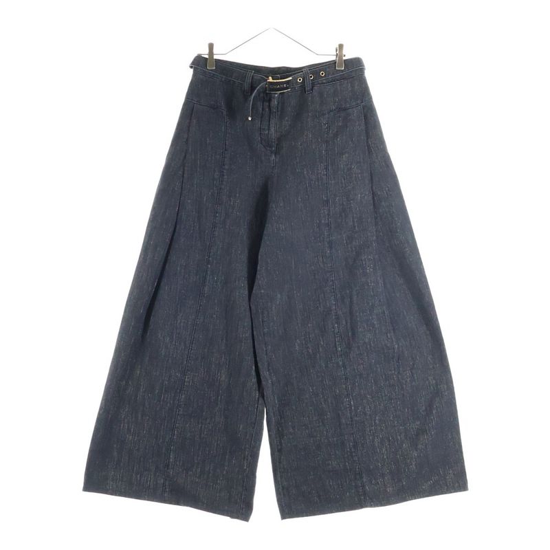 Chanel Lame Logo Buckle Belt Super Wide Denim Pants Black