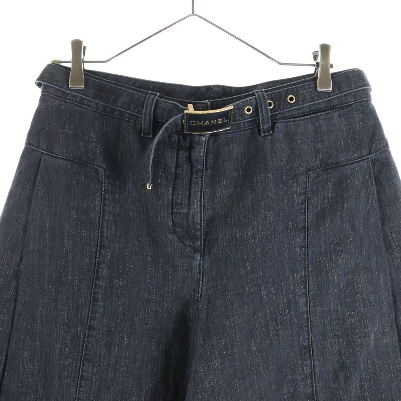 Chanel Lame Logo Buckle Belt Super Wide Denim Pants Black
