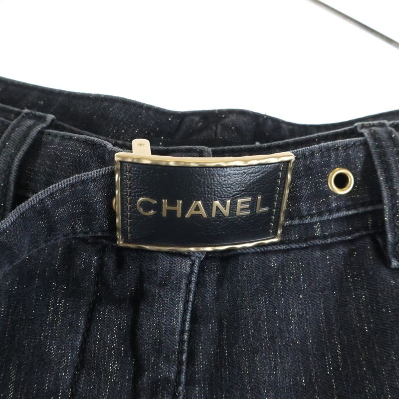 Chanel Lame Logo Buckle Belt Super Wide Denim Pants Black