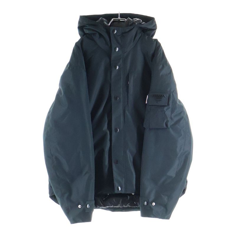 Prada Arm Logo Hooded Technical Fabric Nylon Down Jacket Black