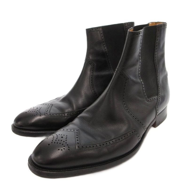 Hermes Side Gore Boots Short Brog Medallion Perforated Leather 4 Black Heel