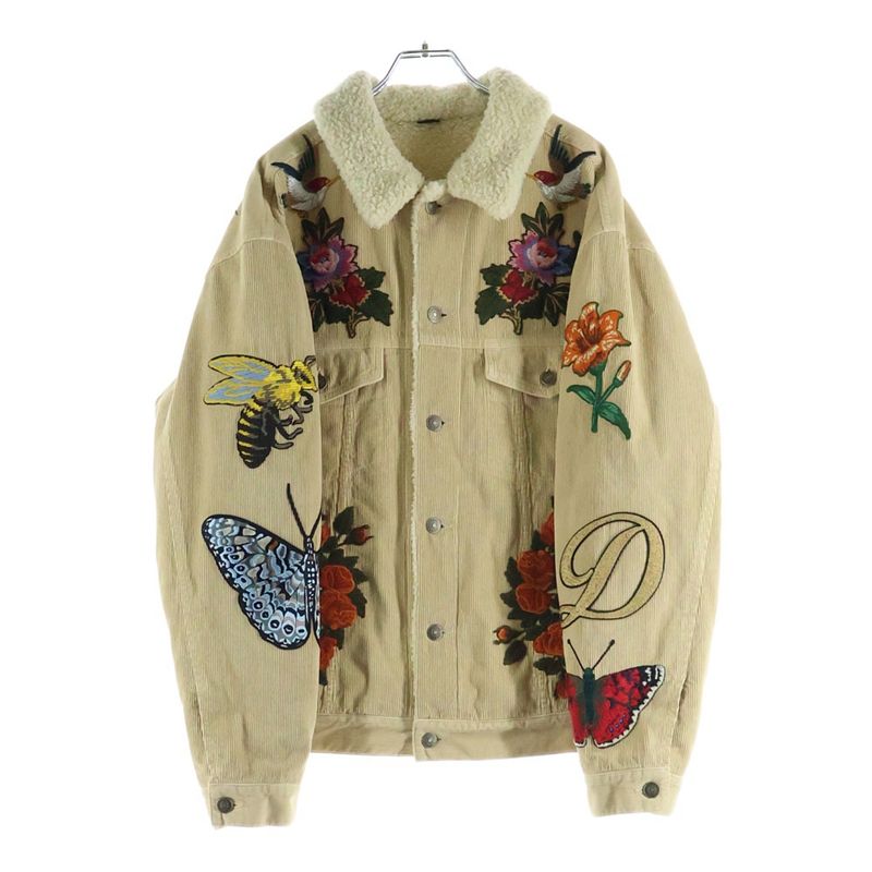 Gucci Embroidered Floral Corduroy Boa Jacket Beige