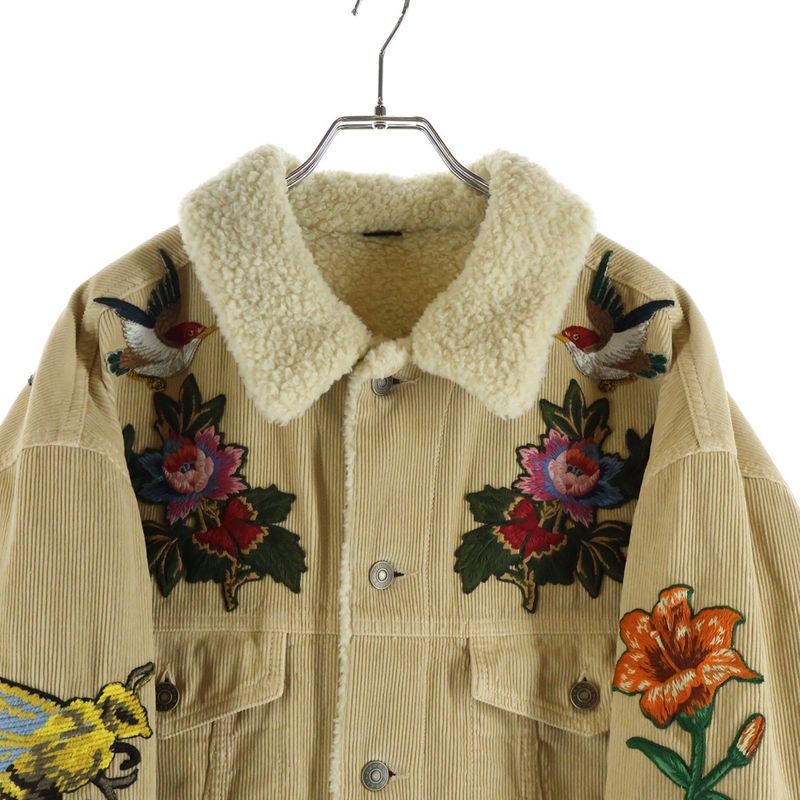 Gucci Embroidered Floral Corduroy Boa Jacket Beige