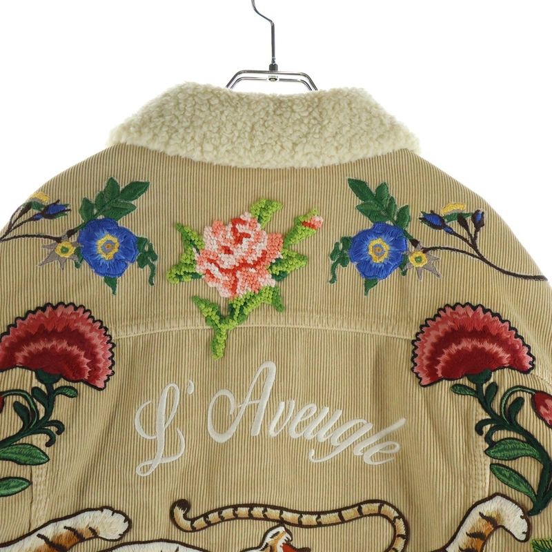 Gucci Embroidered Floral Corduroy Boa Jacket Beige