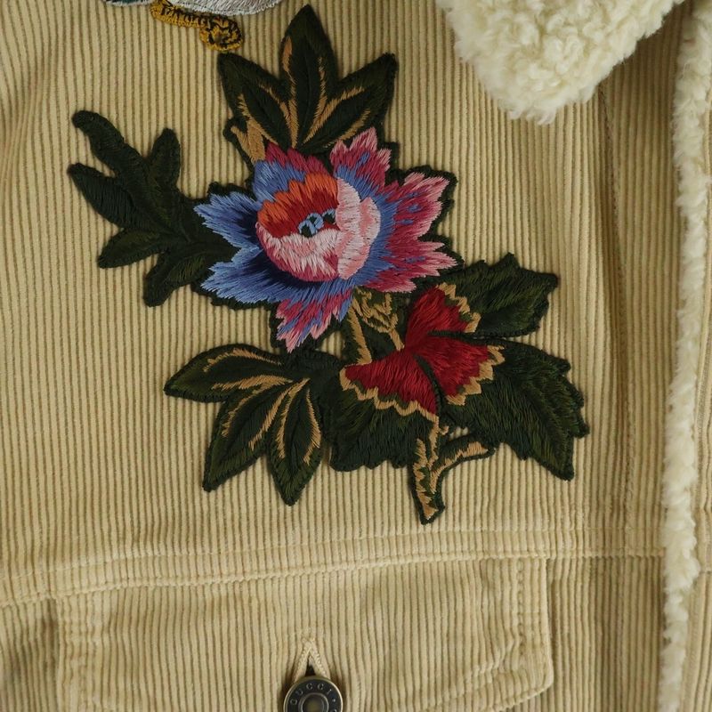 Gucci Embroidered Floral Corduroy Boa Jacket Beige
