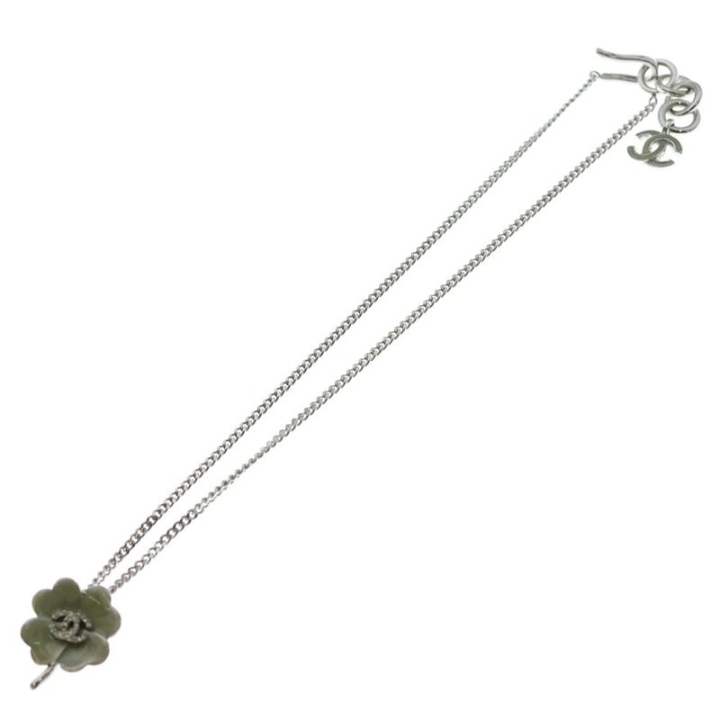 Chanel CC Logo Clover Necklace Pendant Green Silver