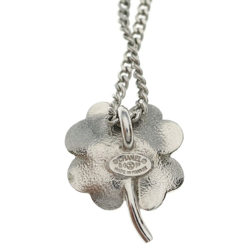 Chanel CC Logo Clover Necklace Pendant Green Silver
