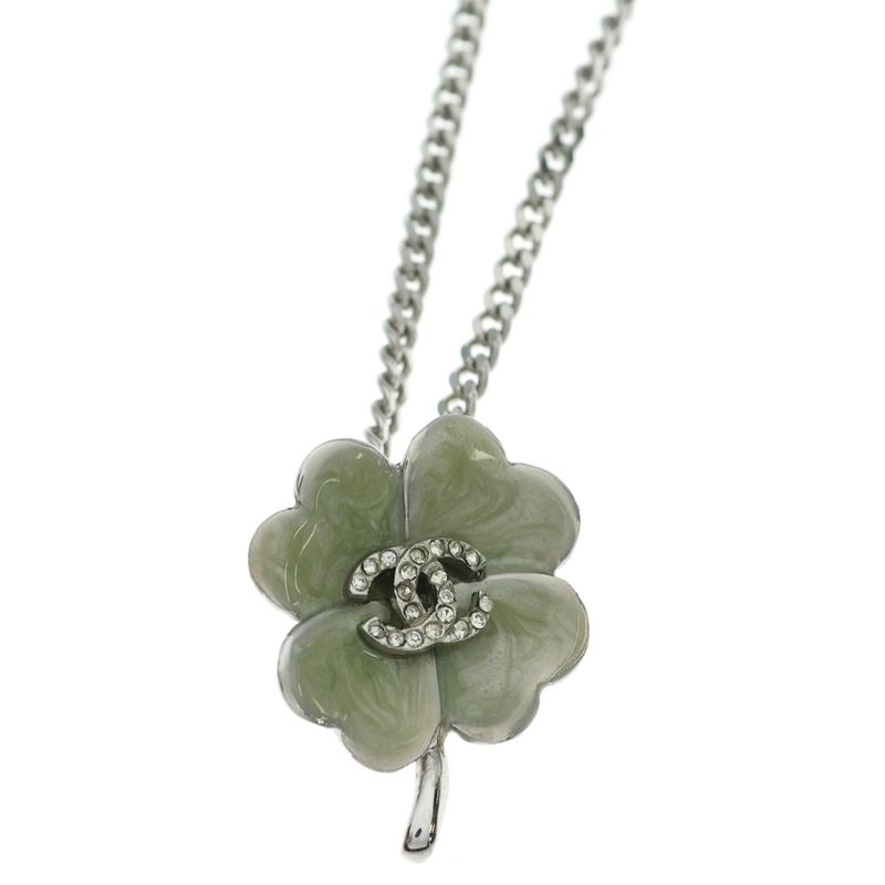 Chanel CC Logo Clover Necklace Pendant Green Silver