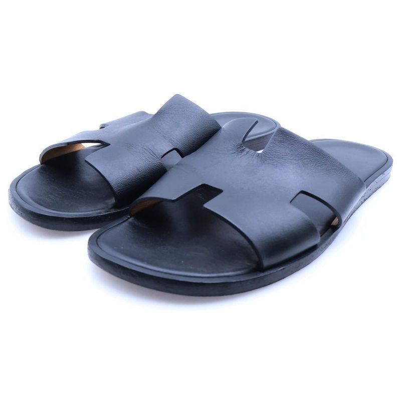 Hermes Izmir Logo Leather Flat Sandals Shoes Black