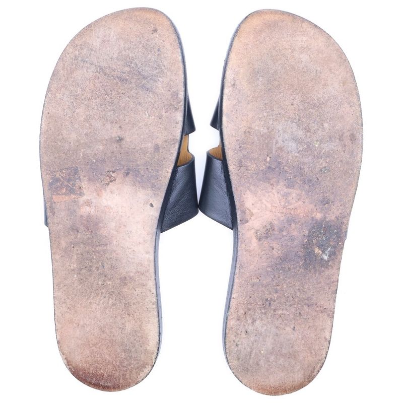 Hermes Izmir Logo Leather Flat Sandals Shoes Black