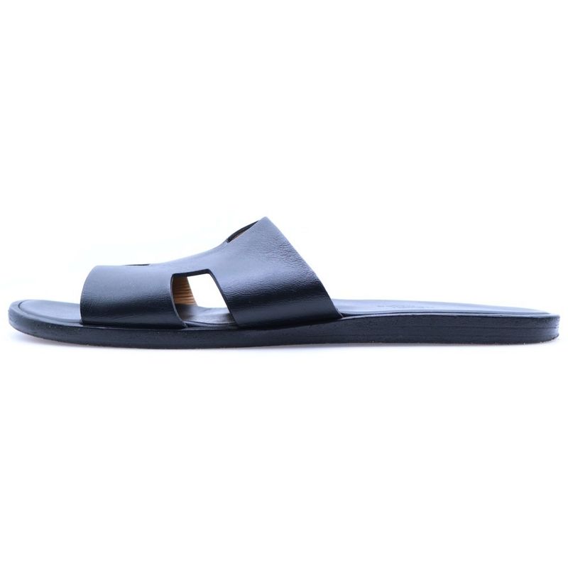 Hermes Izmir Logo Leather Flat Sandals Shoes Black