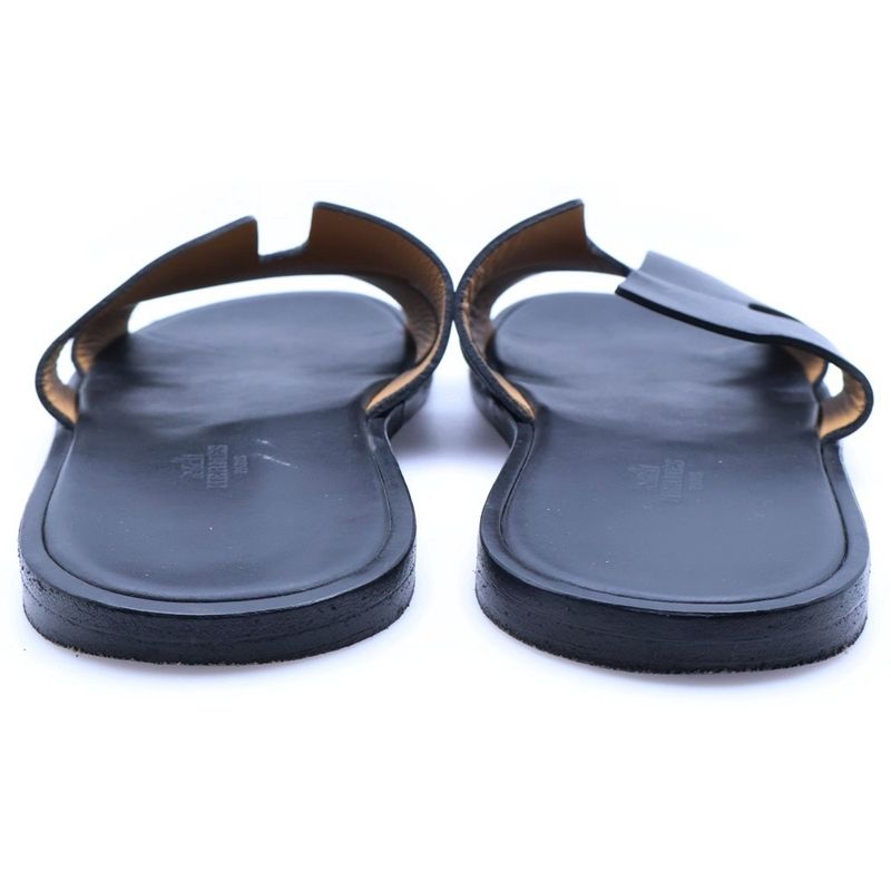 Hermes Izmir Logo Leather Flat Sandals Shoes Black