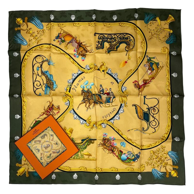 Hermes Scarf Silk Carre 90 Plumes Et Grelots Feathers and Bells Green