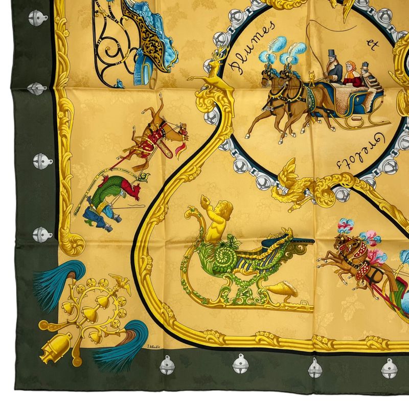 Hermes Scarf Silk Carre 90 Plumes Et Grelots Feathers and Bells Green
