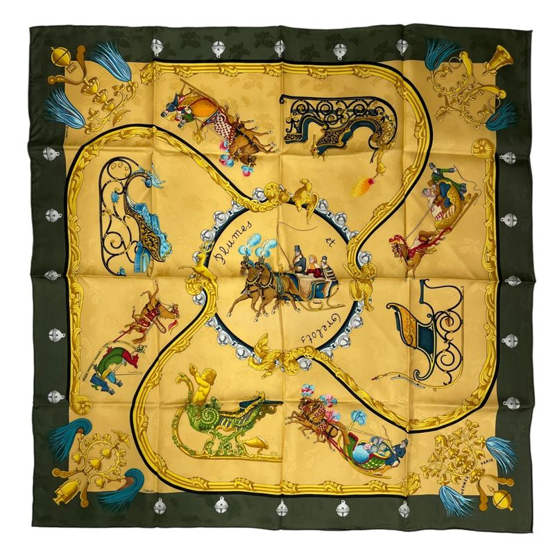 Hermes Scarf Silk Carre 90 Plumes Et Grelots Feathers and Bells Green