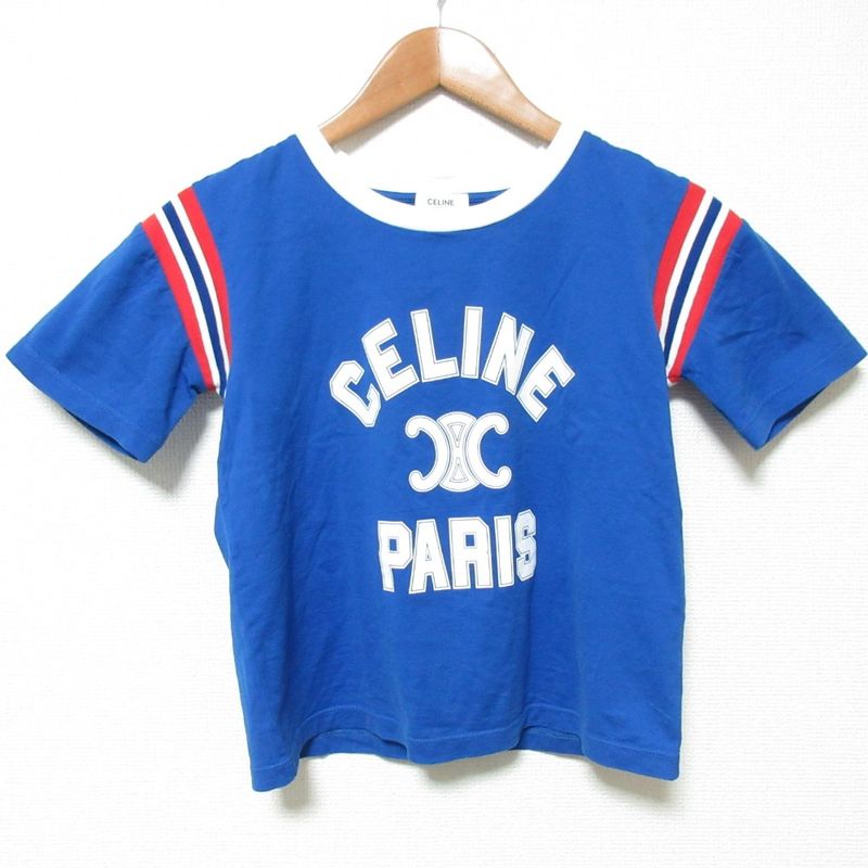 Celine Triomphe Logo Cropped Boxy T-Shirt XS Blue