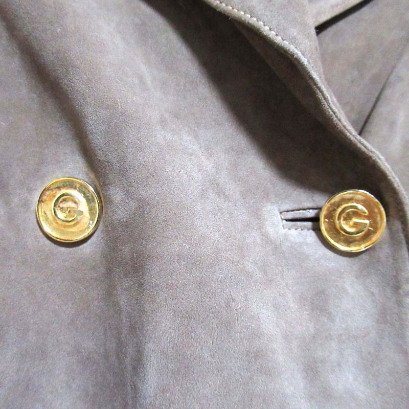 Gucci Vintage Logo Button Double Breasted Suede Leather Jacket 48 Beige