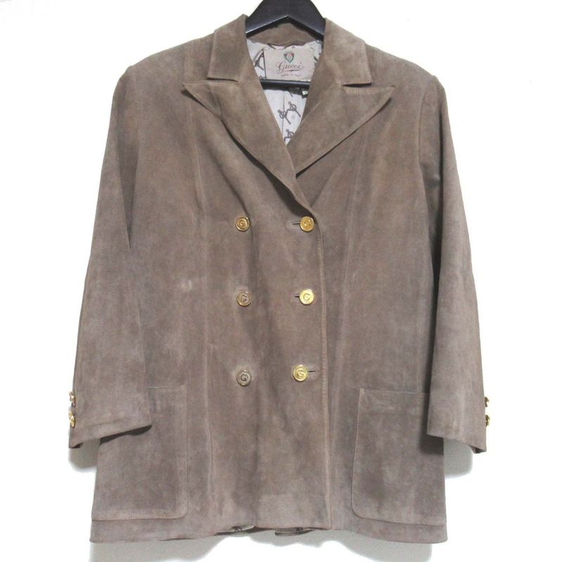 Gucci Vintage Logo Button Double Breasted Suede Leather Jacket 48 Beige