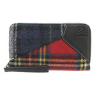Loewe Puzzle Tartan Check Zip Around Wool Leather Multicolor Wallet Red Navy Black