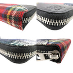 Loewe Puzzle Tartan Check Zip Around Wool Leather Multicolor Wallet Red Navy Black