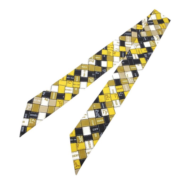 Hermes Twilly Bolduc Check Scarf Silk Yellow Black White Yellow- X
