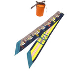 Hermes Twilly Cover Horse Belt Scarf Silk Navy Grey Yellow Navygreige X