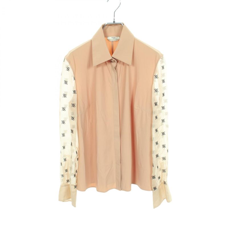 Fendi Blouse FF Letter Ring Logo Embroidery Organza Sleeve Shirt