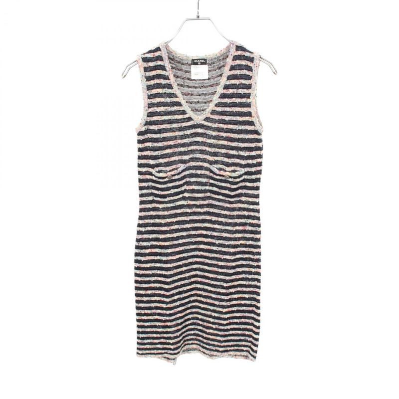 Chanel Dress Tweed Rayon Cotton Navy Multicolor