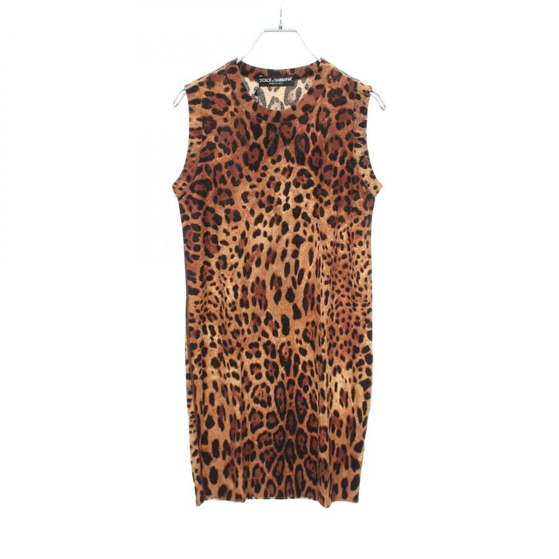Dolce & Gabbana Knit Top Leopard Nosleeves Wool Long Brown Multi-color