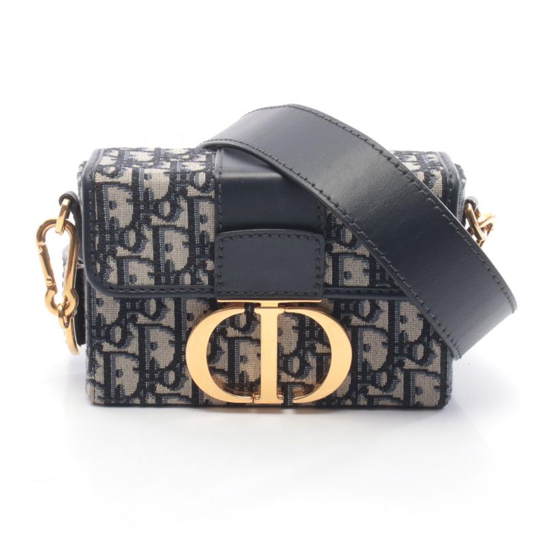 Dior Shoulder Bag 30 Montaigne Box Black Jacquard Navy Canvas Leather Navy. Beige
