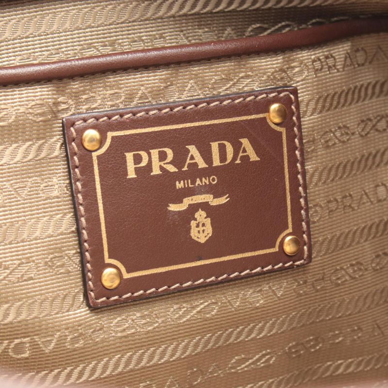 Prada Tote Logo Jacquard Beige Canvas Leather Brown