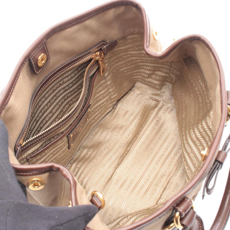 Prada Tote Logo Jacquard Beige Canvas Leather Brown