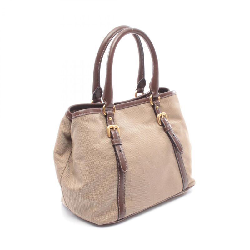 Prada Tote Logo Jacquard Beige Canvas Leather Brown